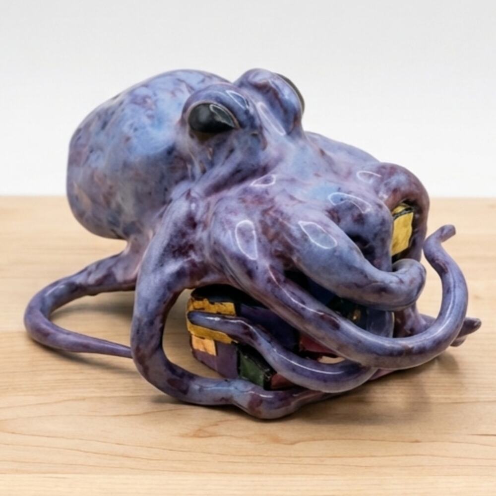 Unsigned Purple Glazed Octopus with Rubiks Cube Hand Crafted Purple Glaze